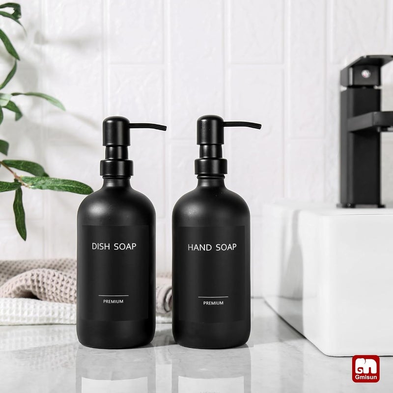 Gmisun Black Soap Dispenser, 2 Pack Matte Black Hand Soap Dispensers Bathroom with Stainless Steel Pump, 17 Fl Oz Glass Dish Soap Dispenser Set for Kitchen, Modern Liquid Soap Bottle with Labels - Image 4